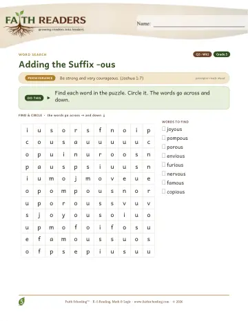 Adding The Suffix Ous — Word Search (Practice 1)