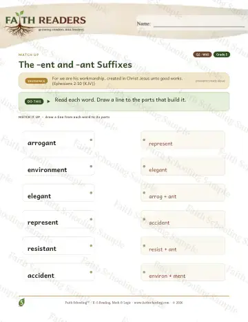 5th Grade vocabulary & word study worksheet — The Ent Ant Suffix — Match Up (Practice 5)