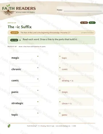 5th Grade vocabulary & word study worksheet — The Ic Suffix — Match Up (Practice 5)