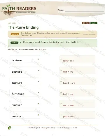 3rd Grade vocabulary & word study worksheet — The Ture Suffix — Match Up (Practice 3)