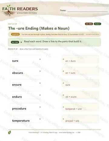 5th Grade vocabulary & word study worksheet — The Ure Suffix — Match Up (Practice 2)