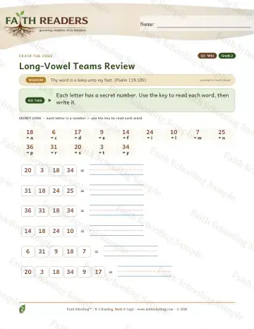 2nd Grade phonics worksheet — Long Vowel Teams Review — Crack The Code (Practice 1)