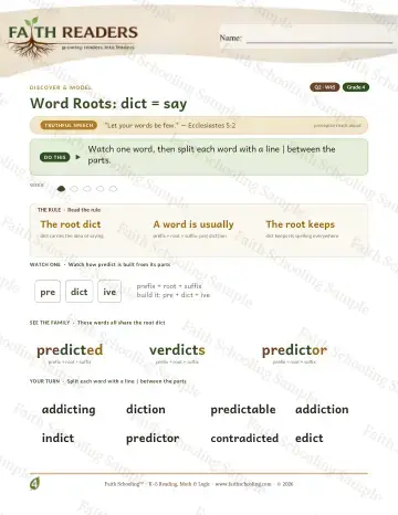 4th Grade vocabulary & word study worksheet — Word Roots Dict Say — Lesson (Practice 5)