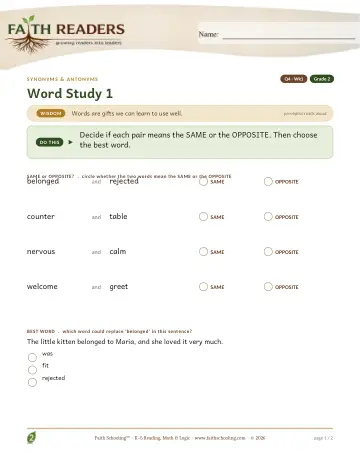 Grade 2 Vocabulary, Morphology & Word Study: Synonyms Antonyms — worksheet preview