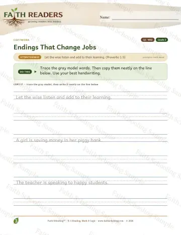 3rd Grade grammar & writing worksheet — Q1 Endings That Change Jobs — Copywork (Practice 2)