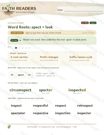 4th Grade vocabulary & word study worksheet — Word Roots Spect Look — Lesson (Practice 4)