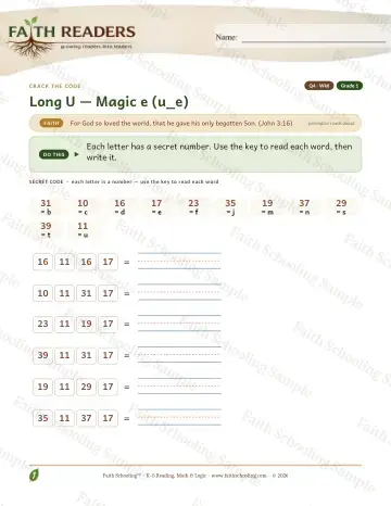 1st Grade phonics worksheet — Magic E U E — Crack The Code (Practice 6)