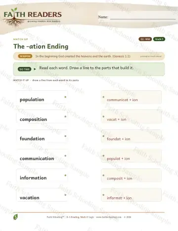 5th Grade vocabulary & word study worksheet — The Ation Suffix — Match Up (Practice 6)