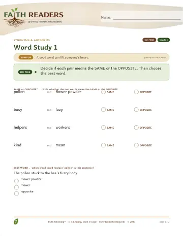 Grade 1 Vocabulary, Morphology & Word Study: Synonyms Antonyms — worksheet preview