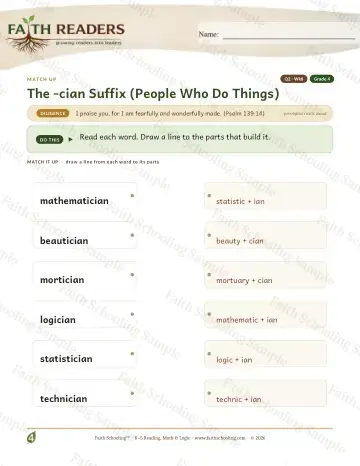 4th Grade vocabulary & word study worksheet — The Cian Suffix — Match Up (Practice 6)