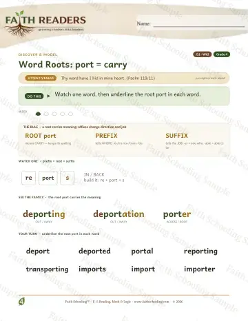 4th Grade vocabulary & word study worksheet — Word Roots Port Carry — Lesson (Practice 3)
