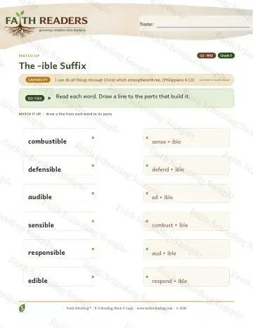 5th Grade vocabulary & word study worksheet — The Ible Suffix — Match Up (Practice 2)