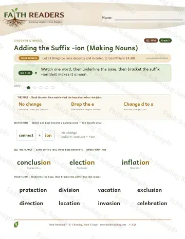 5th Grade vocabulary & word study worksheet — Adding The Suffix Ion Making Nouns — Lesson (Practice 6)