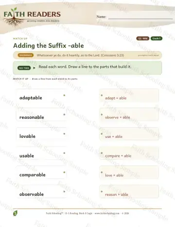5th Grade phonics worksheet — Word Games & Puzzles. Q1 Adding The Suffix Able — Match Up (Practice 6)