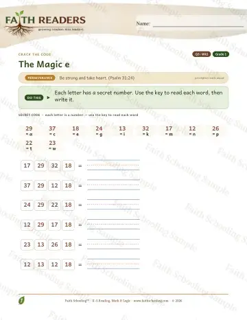 1st Grade phonics worksheet — The Magic E — Crack The Code (Practice 1)
