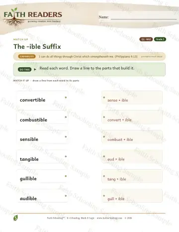 5th Grade vocabulary & word study worksheet — The Ible Suffix — Match Up (Practice 3)