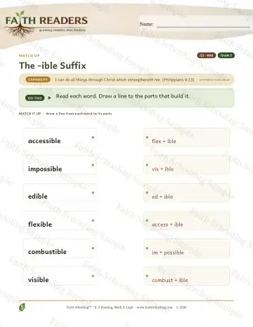 5th Grade vocabulary & word study worksheet — The Ible Suffix — Match Up (Practice 6)