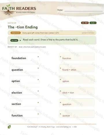 3rd Grade vocabulary & word study worksheet — The Tion Sion Suffix — Match Up (Practice 7)