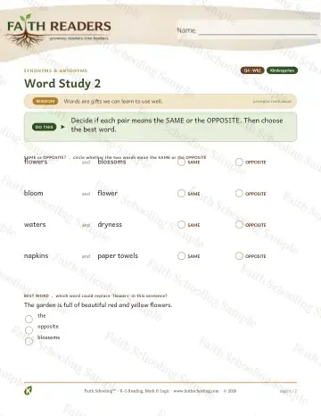Kindergarten vocabulary & word study worksheet — Vocabulary — Synonyms Antonyms (Practice 2) (Practice 2)