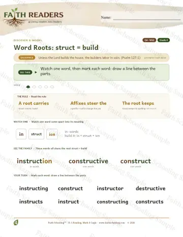 4th Grade vocabulary & word study worksheet — Word Roots Struct Build — Lesson (Practice 3)
