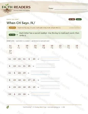 4th Grade phonics worksheet — Ch As K — Crack The Code (Practice 4)