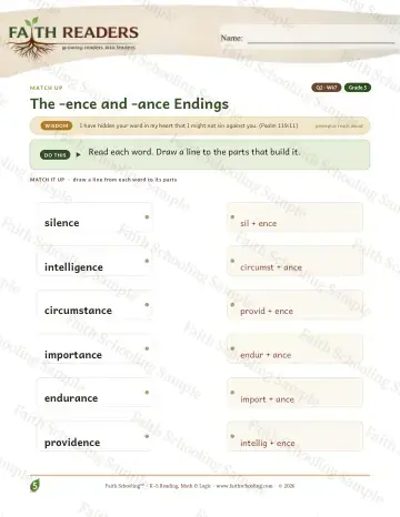 5th Grade vocabulary & word study worksheet — The Ence Ance Suffix — Match Up (Practice 7)