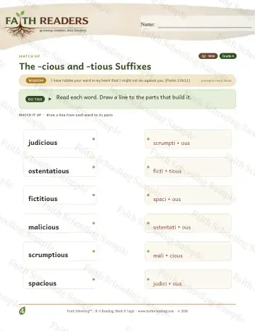 4th Grade vocabulary & word study worksheet — The Cious Tious Suffix — Match Up (Practice 4)