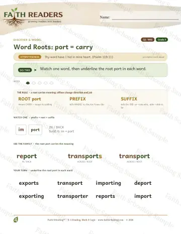4th Grade vocabulary & word study worksheet — Word Roots Port Carry — Lesson (Practice 5)