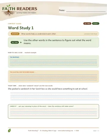 Grade 1 Vocabulary, Morphology & Word Study: Context Clues — worksheet preview