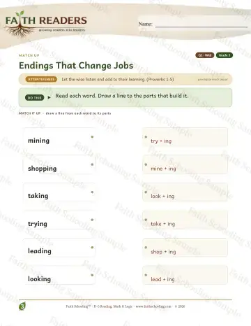 3rd Grade phonics worksheet — Word Games & Puzzles. Q1 Endings That Change Jobs — Match Up (Practice 6)
