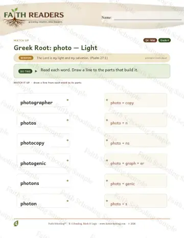 4th Grade vocabulary & word study worksheet — Greek Root Photo — Match Up (Practice 6)