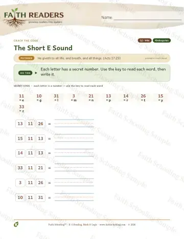 Kindergarten phonics worksheet — The Short E Sound — Crack The Code (Practice 6)