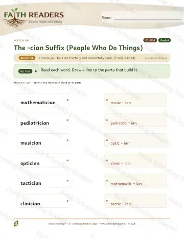 4th Grade vocabulary & word study worksheet — The Cian Suffix — Match Up (Practice 5)
