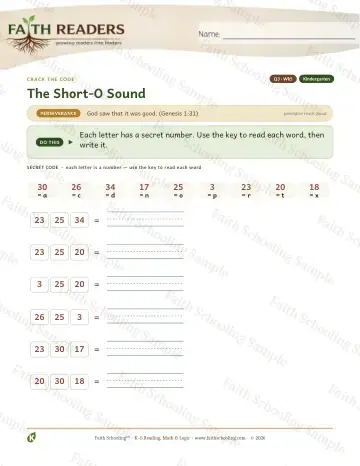 Kindergarten phonics worksheet — The Short O Sound — Crack The Code (Practice 5)