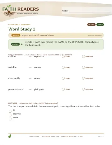 Grade 5 Vocabulary, Morphology & Word Study: Synonyms Antonyms — worksheet preview