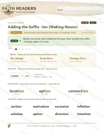 5th Grade vocabulary & word study worksheet — Adding The Suffix Ion Making Nouns — Lesson (Practice 2)