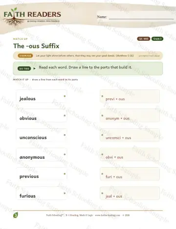 3rd Grade vocabulary & word study worksheet — The Ous Suffix G3 — Match Up (Practice 5)