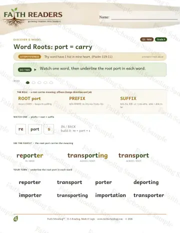 4th Grade vocabulary & word study worksheet — Word Roots Port Carry — Lesson (Practice 6)