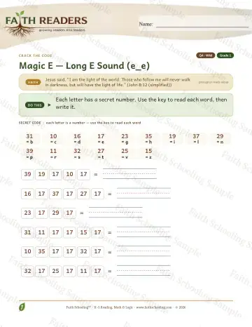 1st Grade phonics worksheet — Magic E: e-e - Crack The Code (Practice 6)