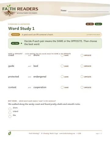Grade 4 Vocabulary, Morphology & Word Study: Synonyms Antonyms — worksheet preview