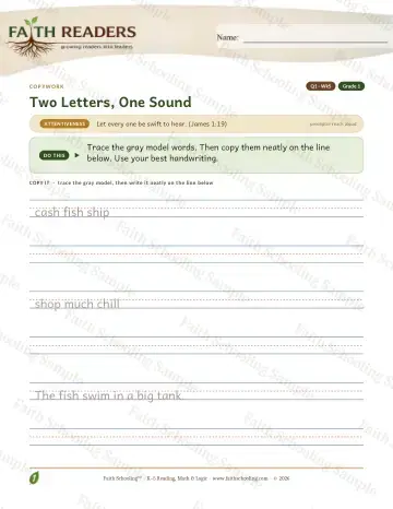 1st Grade grammar & writing worksheet — Q1 Two Letters One Sound — Copywork (Practice 5)