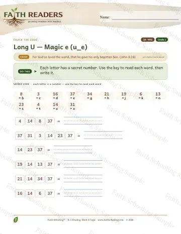1st Grade phonics worksheet — Magic E U E — Crack The Code (Practice 2)