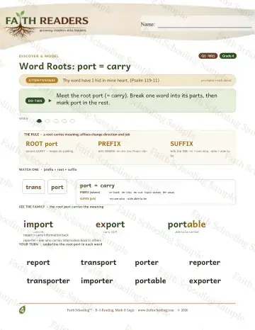 4th Grade vocabulary & word study worksheet — Word Roots Port Carry — Lesson (Practice 1)
