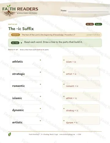 5th Grade vocabulary & word study worksheet — The Ic Suffix — Match Up (Practice 6)