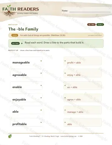 3rd Grade phonics worksheet — The Ble Family — Match Up (Practice 3)