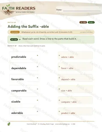5th Grade phonics worksheet — Word Games & Puzzles. Q1 Adding The Suffix Able — Match Up (Practice 5)