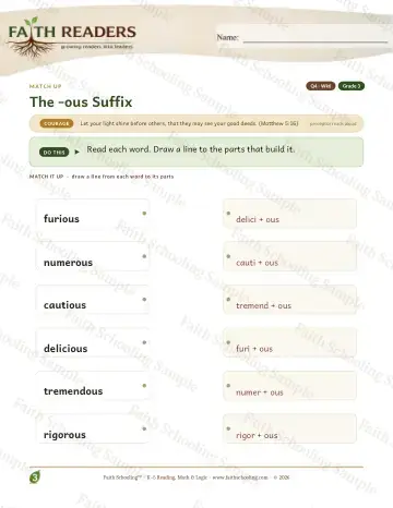 3rd Grade vocabulary & word study worksheet — The Ous Suffix G3 — Match Up (Practice 6)