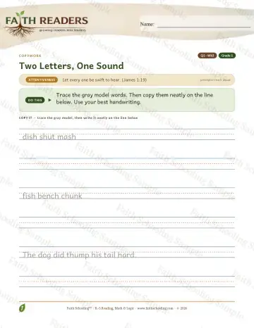1st Grade grammar & writing worksheet — Q1 Two Letters One Sound — Copywork (Practice 3)
