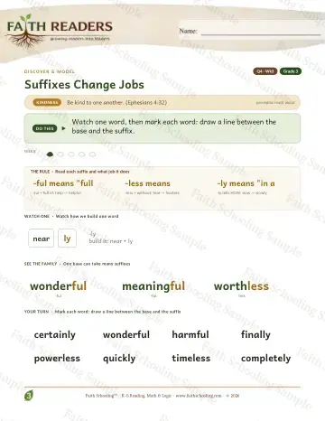 3rd Grade vocabulary & word study worksheet — Suffixes Change Jobs — Lesson (Practice 3)