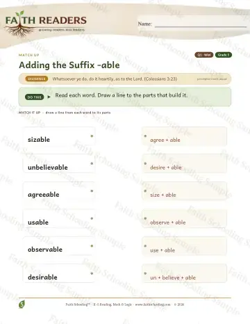 5th Grade phonics worksheet — Word Games & Puzzles. Q1 Adding The Suffix Able — Match Up (Practice 4)